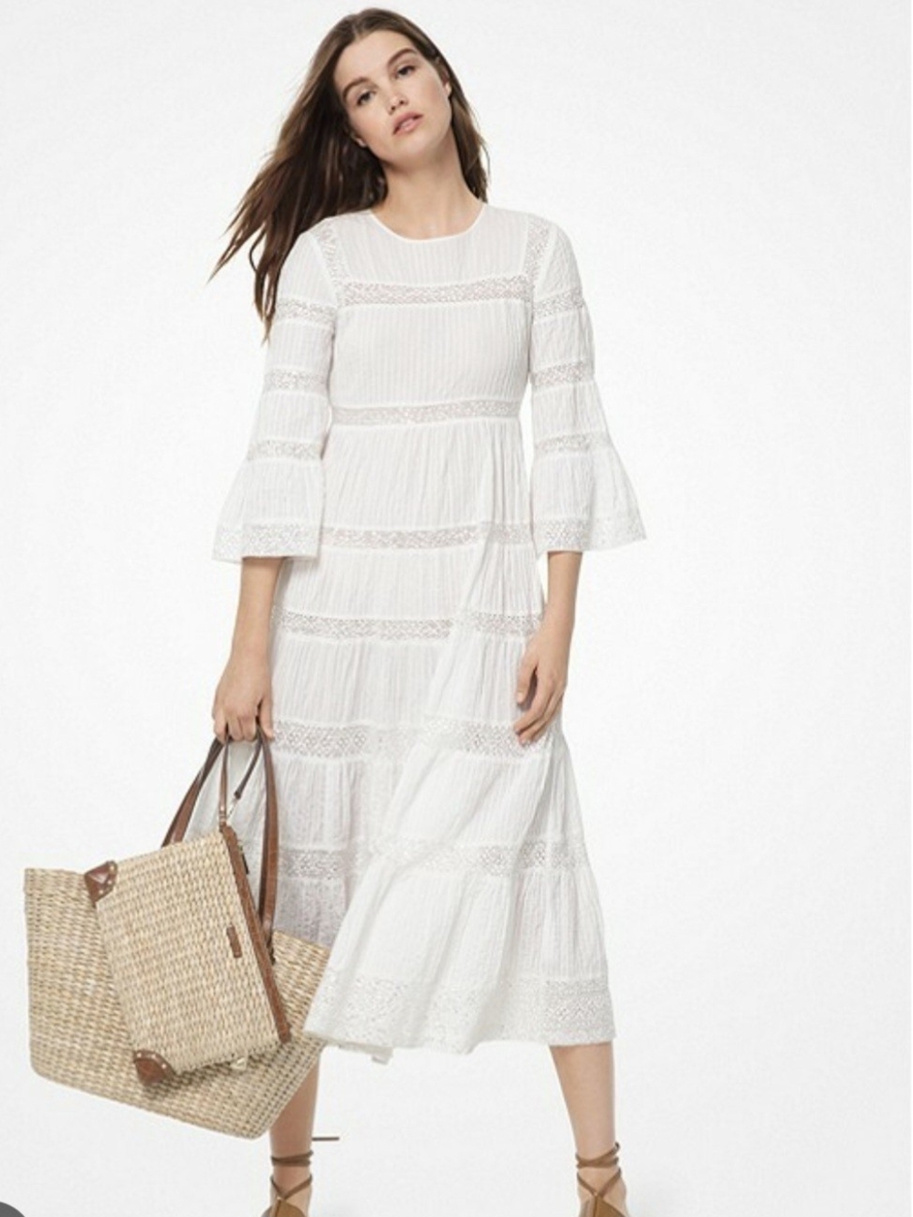 Michael Kors White Lace-Trim Tiered Midi Dress
